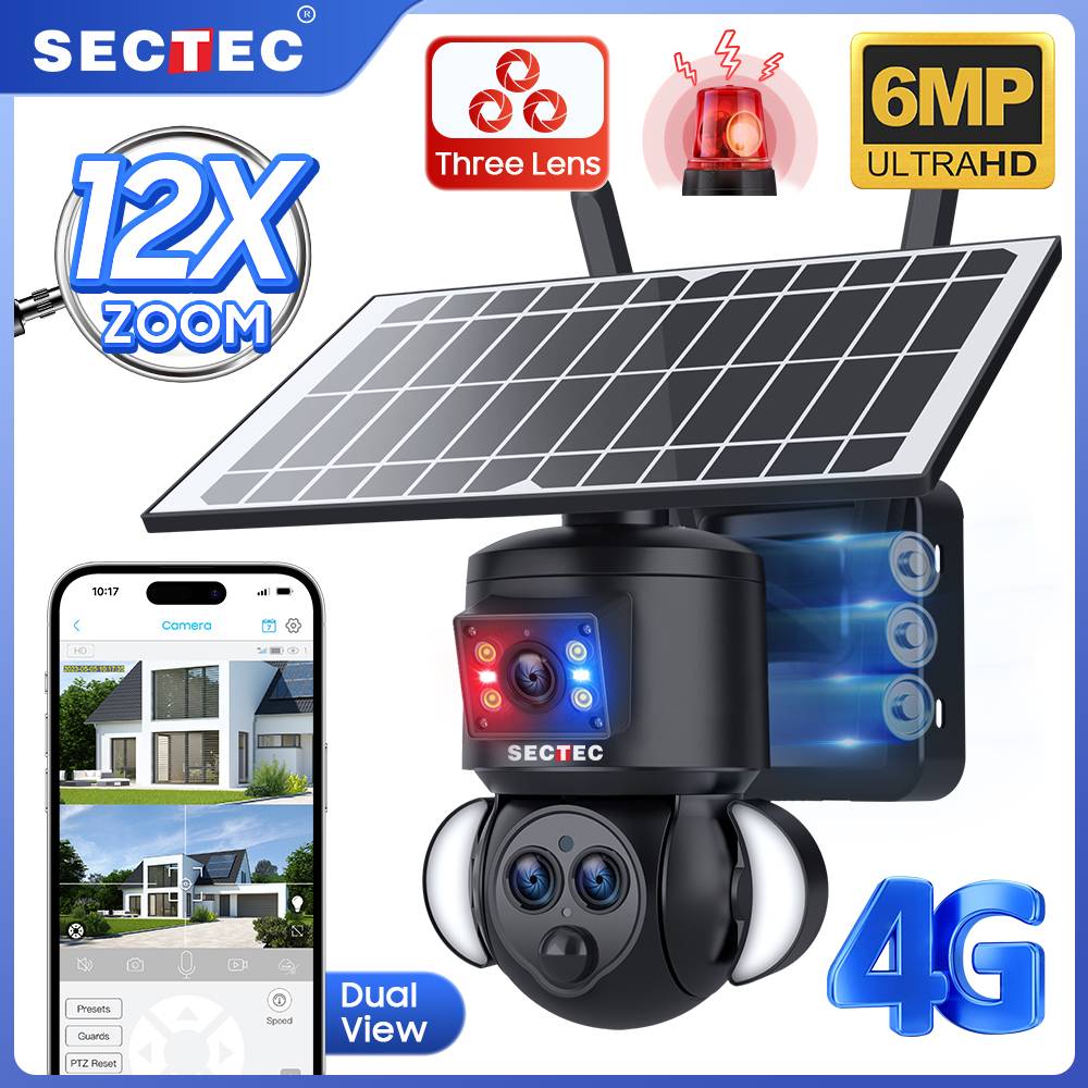 SECTEC Three Lens Red/Blue alarm Floodlight Solar Battery PTZ Camera